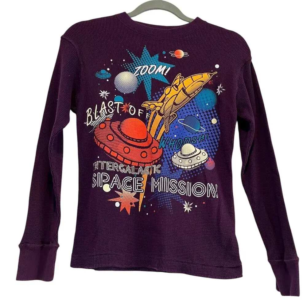 The Children's Place Boys Large 10/12 Purple Thermal Waffle Knit Shirt Space UFO